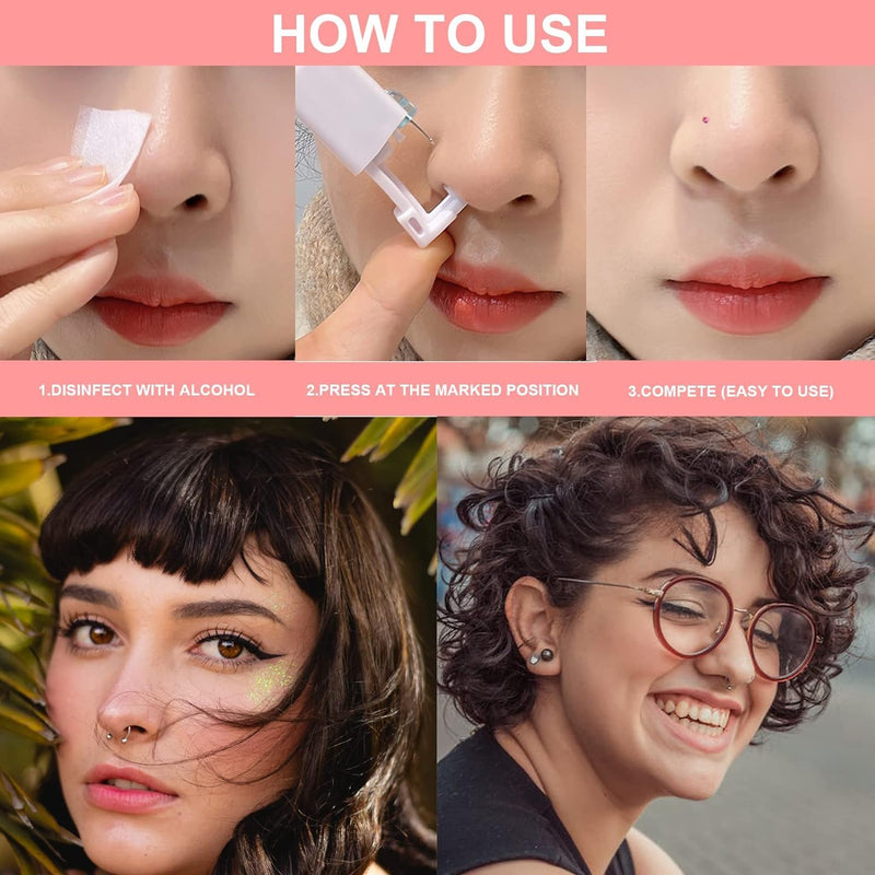 Nose Piercing Gun Kit - 6Pcs Self Nose Piercing Kit Unit Disposable Nose Piercing Gun Including 2Pcs Nose Piercing Gun with 2Pcs Built-in Nose Studs and 2Pcs Clean Tools for Nose Cartilage Tragus Helix Piercing Kit(Gold) Silver - BeesActive Australia