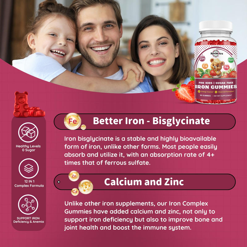 Iron Supplement Gummies for Kids - with Calcium, Zinc, Kids Multivitamin with Iron Gummies - Immune Support, Blood Builder & Energy Support for Iron Deficiency - 2 Pack Strawberry Flavour, 60 Gummies 60 Count (Pack of 2)