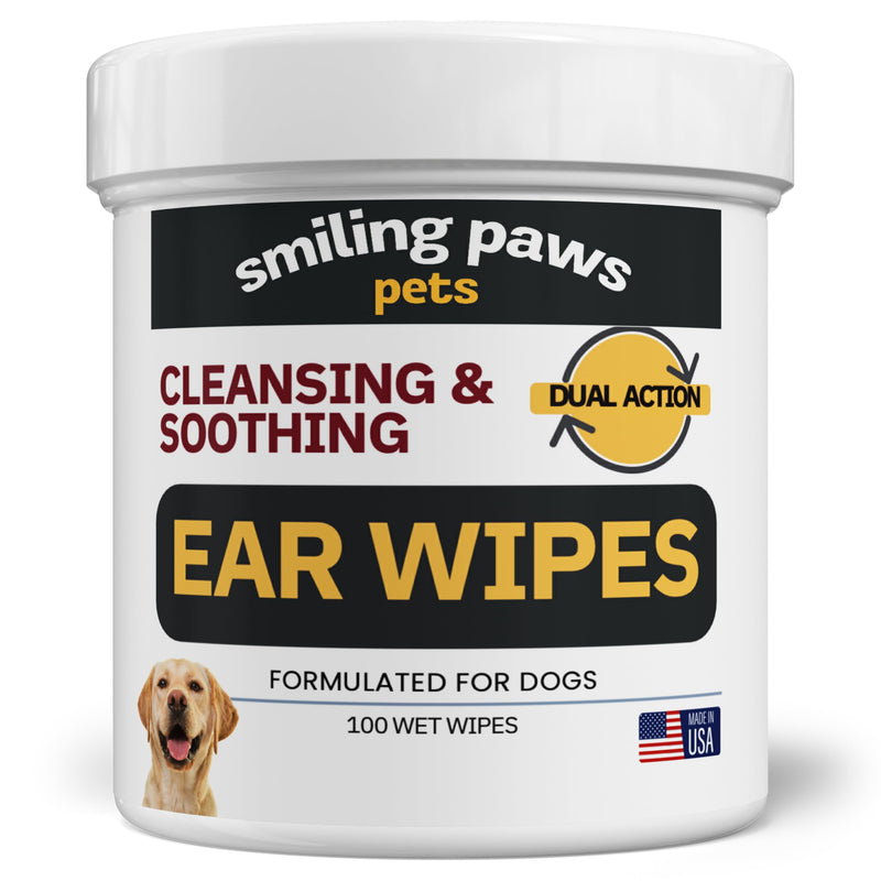 Smiling Paws Pets Ear Wipes for Dogs | Dog Ear Wipes Otic Cleanser for Dogs to Stop Ear Itching with Aloe and Eucalyptus Made in USA 100 Count