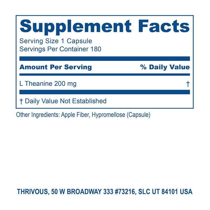 Thrivous L-Theanine Dietary Supplement, 200 mg per Capsule, 180 Capsules, ISO-Certified Third-Party Lab Tested