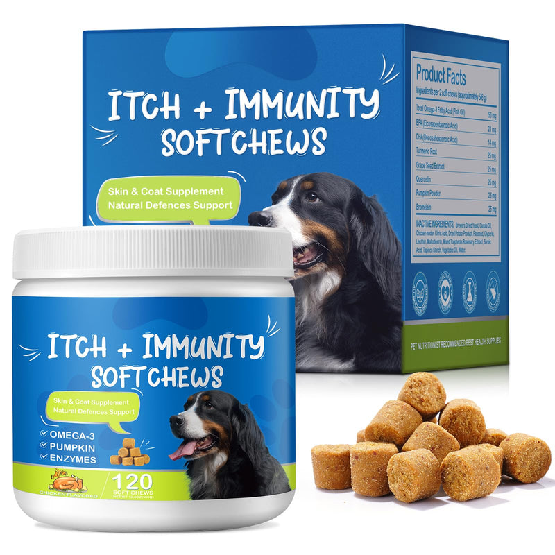 Dog Itch Relief Chews 120PCS – Skin & Coat Support with Omega-3, Probiotics & Colostrum – Helps with Itchy Skin, Paw Licking, Dry Skin,Chicken Flavor for All Breeds