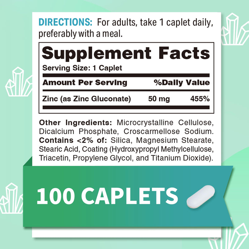 Vitamin World Chelated Zinc 50 mg, 100 Caplets | High Potency & Well Absorbed Chelated Zinc Supplement, Supports Immune & Antioxidant Health, Gluten-Free, 100 Days Supply 100 Count (Pack of 1)