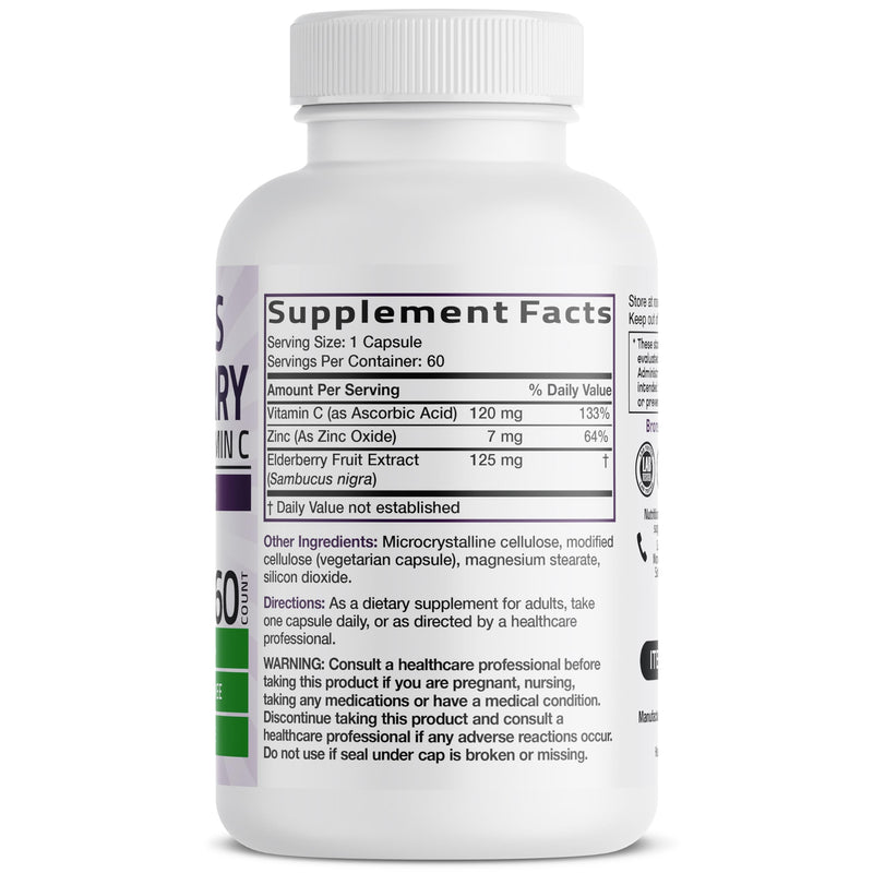 Bronson Elderberry with Zinc & Vitamin C Triple Immune Support, 60 Capsules | 125 mg Elderberry, 120 mg Vitamin C & 7 mg Zinc, Antioxidant Support, Vegetarian, Non-GMO, Gluten-Free & Soy-Free