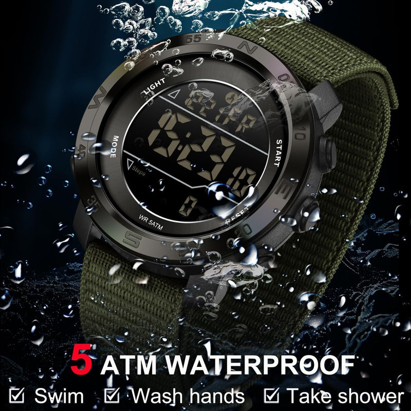 findtime Mens Digital Sport Watch Pedometer Step Counter Watches Military Minimalist Waterproof Tactical Outdoor Army Wrist Watch Dual Time Led Countdown Stopwatch Alarms Nylon Strap, No App Green