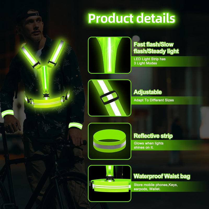 JZ LED Reflective Vest Running Gear-Reflective Vest for Walking at Night, High Visibility Night Running-Rechargeable Adjustable Led Light Up Running Vest with Armband for Runners Walkers Men Green
