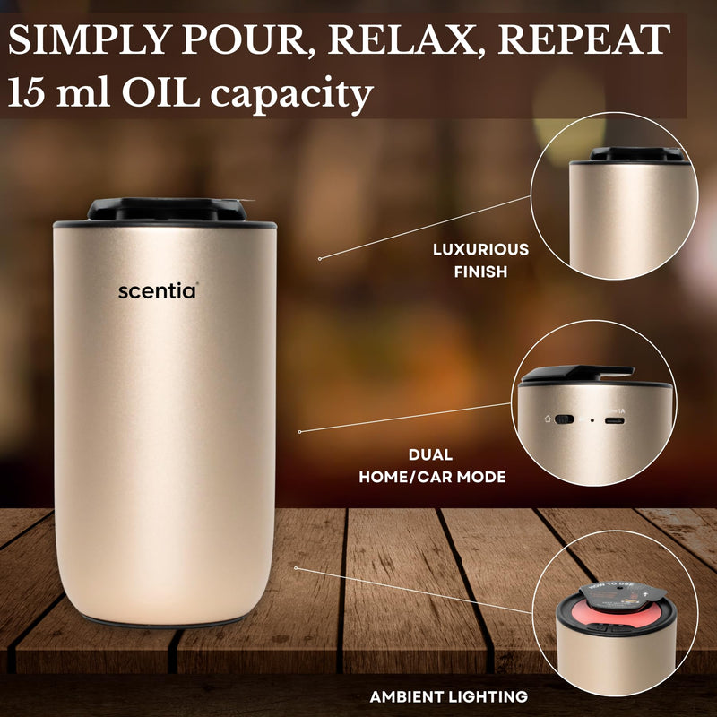 Scentia Mini Diffuser + Smart Car Freshener – Waterless Nebulizer Aromatherapy Essential Oil Diffuser, Rechargeable Dual-Mode Car/Home, Auto Shut-Off & LED Lights – Teen Girl & Valentine Gift Scentia Mini Pod Gold - BeesActive Australia