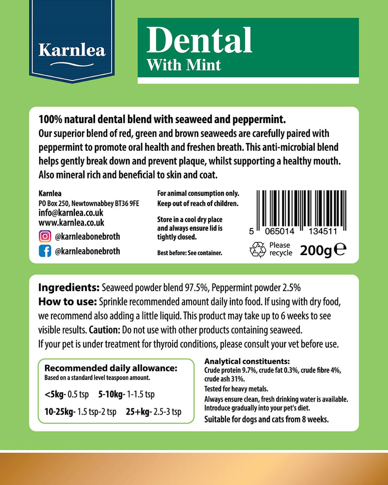 Dental with Mint Plaque Off for Dogs & Cats | 100% Natural Dental Powder to Gently Remove Tartar & Plaque and Prevent Bad Breath | Seaweed & Peppermint Blend | Skin & Coat Boost (200g)