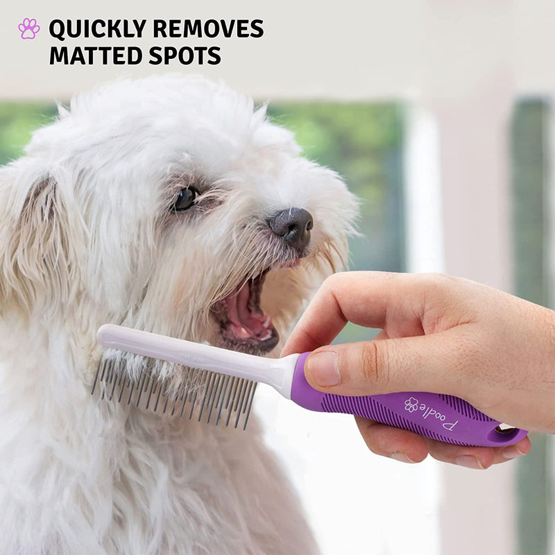 Poodle Pet Detangling Pet Comb with Long & Short Stainless Steel Teeth for Removing Matted Fur, Knots & Tangles – Detangler Tool Accessories for Safe & Gentle DIY Dog & Cat Grooming Purple - BeesActive Australia