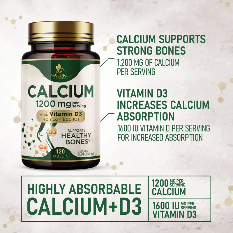 Calcium 1200 mg with Vitamin D3 - Per Serving - Bone Health Supplement - Vitamin D & Calcium Supplements for Women & Men - Bone Strength Support - Natural Calcium Pills - Bottled in USA - 120 Tablets 120 Count (Pack of 1)