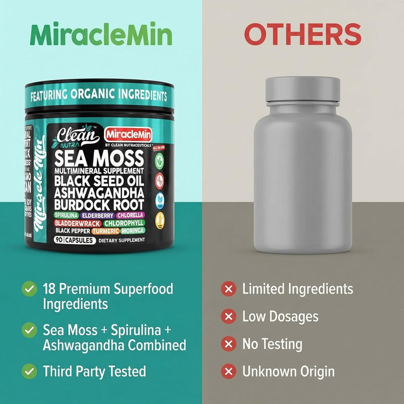 Clean Nutra Organic Sea Moss Capsules with Ashwagandha, Black Seed Oil, Burdock Root, Bladderwrack, Moringa, Chlorella, Spirulina, Turmeric, Elderberry, Amla � 90 Vegan Capsules � MiracleMin 1