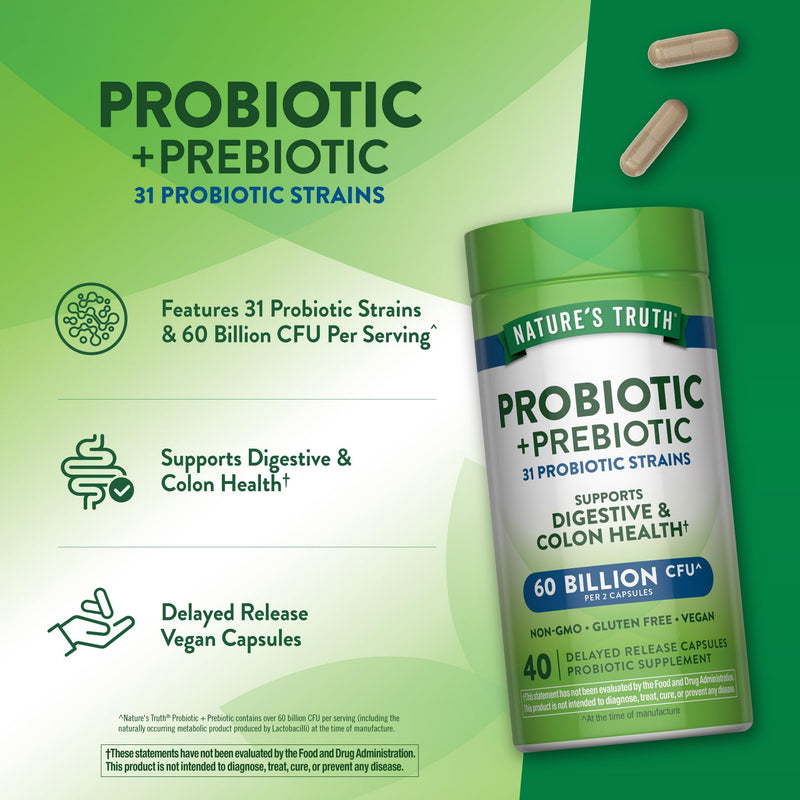 Nature's Truth Probiotic & Prebiotic Pills | 60 Billion CFU | 40 Capsules | Vegan, Non-GMO & Gluten Free Supplement