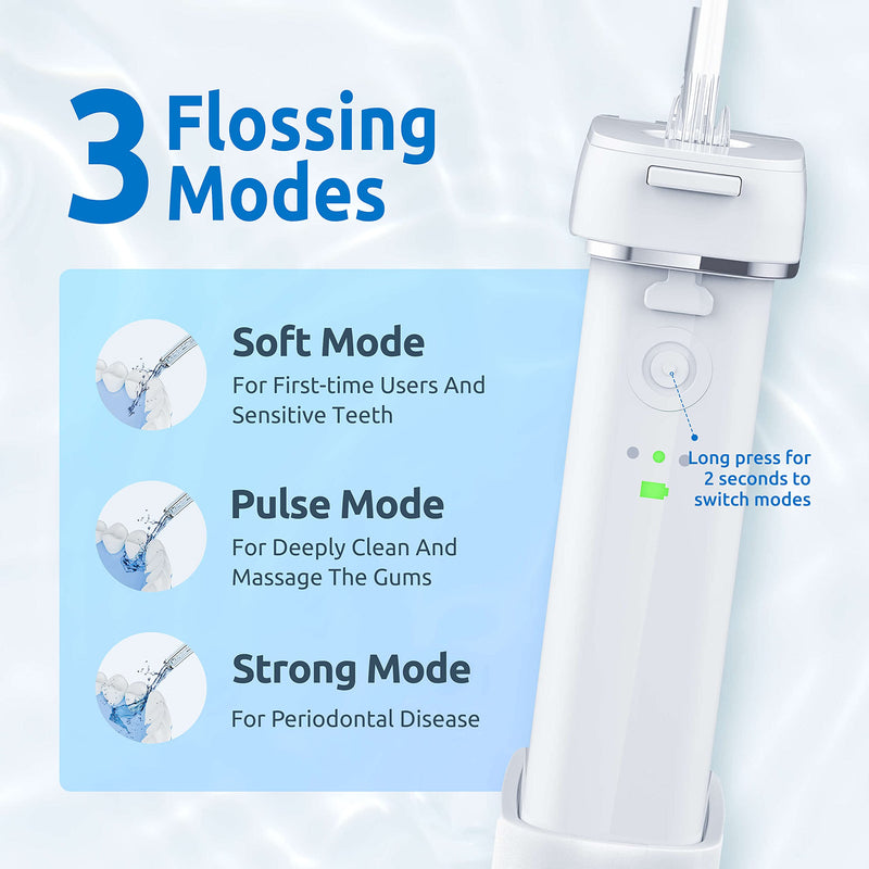 Water Flosser [ Mini Cordless Portable ] Oral Irrigator Water Teeth Cleaner Pick, Telescopic Water Tank, 3 Modes & IPX7 Waterproof, Home & Travel Water Floss for Teeth, Braces Bridges Care (White) White