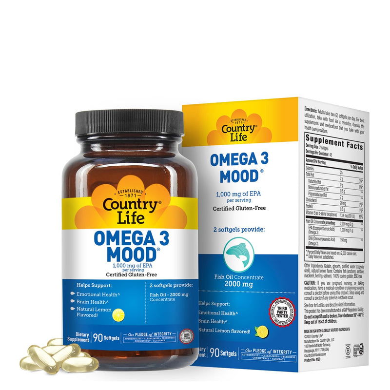 Country Life Omega 3 Mood Fish Oil, 2000mg, 90 Softgels | EPA & DHA for Brain, Heart & Mood Support, Lemon Flavor, No Fishy Aftertaste, Gluten Free, Non-GMO