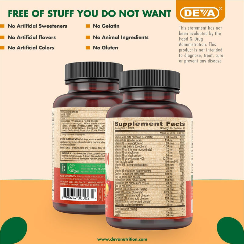 DEVA Vegan Multivitamin & Mineral Supplement with Iron 2-Pack, Spirulina, Chlorella, Ashwagandha, Broccoli & More, 90 Coated Tablets Each 90 Count (Pack of 2)