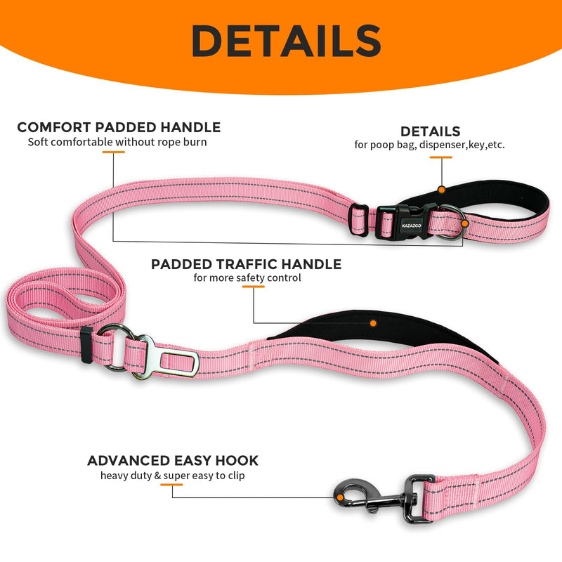 Kazazoo Hands-Free Dog Leash with Adjustable Length 6-9FT + Dual Padded Handles Reflective Safety for Walking, Jogging & Training | Suitable for Medium to Large Dogs & Puppies Pink-L L