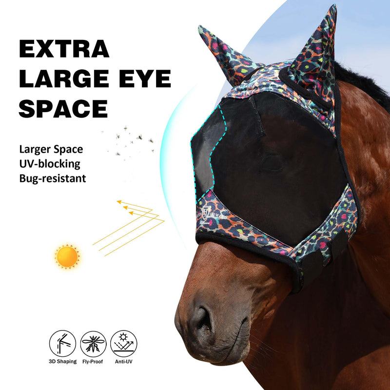 Harrison Howard Pro LumiVista Horse Half Face Fly Mask Large Eye Space with Ears UV Protection for Horse Iridescent Prints M Medium - BeesActive Australia