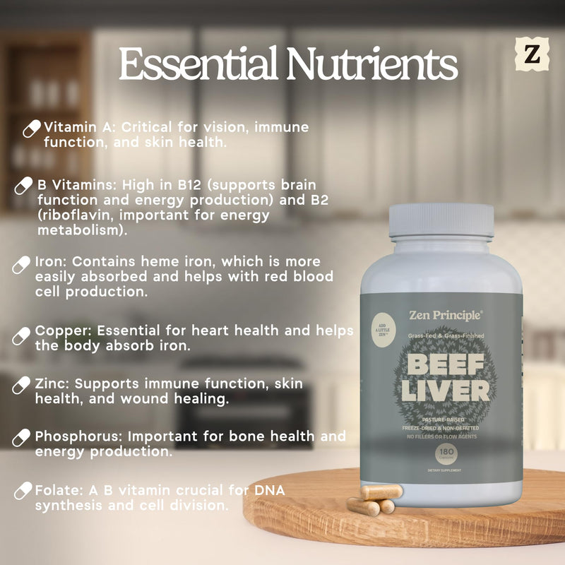 Zen Principle Ultra-Pure Desiccated Beef Liver, Grass-Fed & Finished New Zealand, No Hormones or GMOs, Natural Energy & Workout Support with Iron, Amino Acids & Vitamins. 180 Capsules