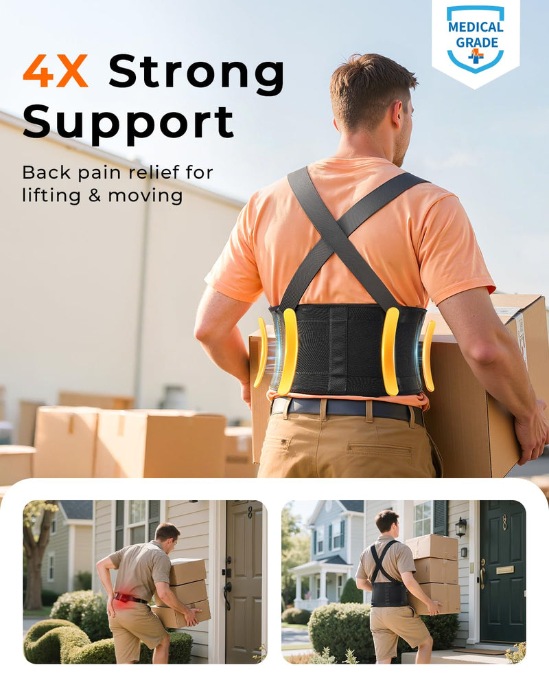 Medical-Grade Work Back Brace with Adjustable Shoulder Straps [Stronger Support & Breathable Mesh] Lower Back Support Belt for Men Women - Pain Relief for Lifting, Warehouse, Construction & Moving Black Medium