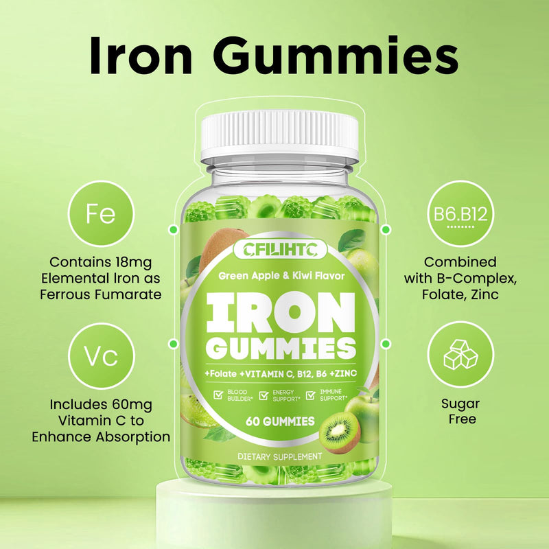 Center-Filled Iron Gummies for Adults & Kids - Iron Supplement with Vitamin B6, B12, C, Zinc, Folate - Support Women Iron Deficiency, Anemia, Blood Builder - Sugar Free Vegan 60ct Apple & Kiwi Flavor 60 Count (Pack of 1)