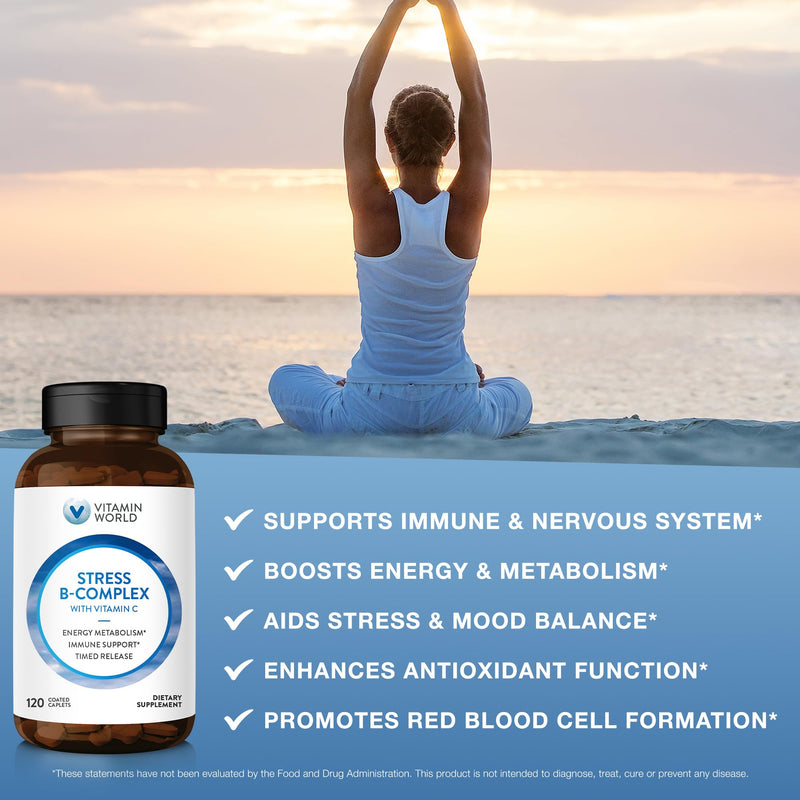 Vitamin World Stress Vitamin B Complex with Vitamin C, 120 Caplets | High-Potency Vitamin B6, B12, Niacin, Folate & Biotin for Stress, Energy, Metabolism & Immune Support, Non-GMO 120 Count (Pack of 1)