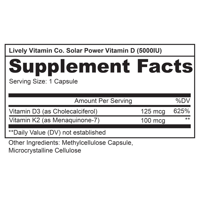 LIVELY VITAMIN CO. Solar Power Vitamin D3 5000 iu - Patented Vitamin K - MK7 - Immune Balance - Brain Function - Mood - Heart - Stress - 60 Count 60 Count (Pack of 1)