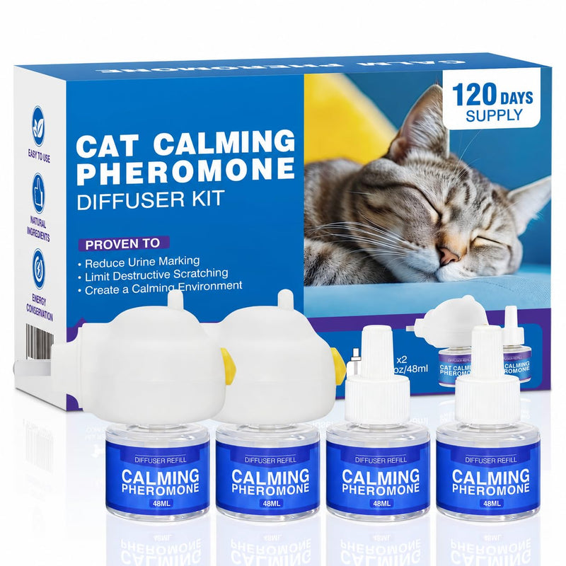 Cat Calming Diffuser Pheromones Effectively Relieve Anxiety Stress Cat Pheromones Calming Diffuser Refill Comfort for Cats Reduce Fighting Spraying Scratching Calm Relaxing, 2 Diffuser + 4 Refills