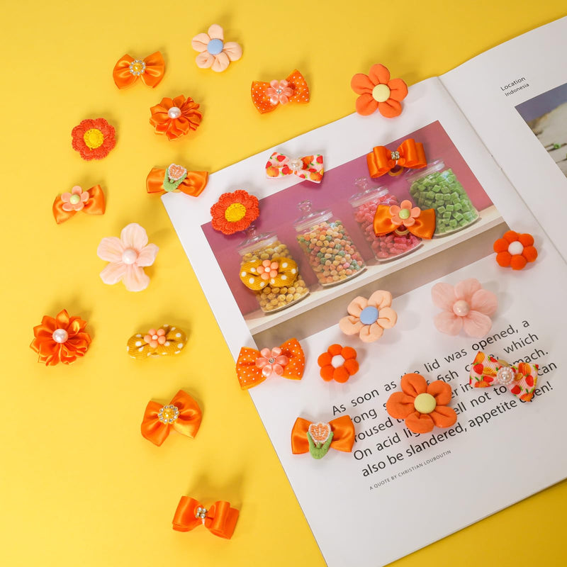 26 Pcs Orange Small Dog Hair Bows Cute Puppy Dog Bowknot Hair Bow Bulk with Rubber Bands Elastic Lace Rhinestone Pearls Hair Ties Mix Style Handmade Grooming Flower Topknot Ball Bows Accessories - BeesActive Australia