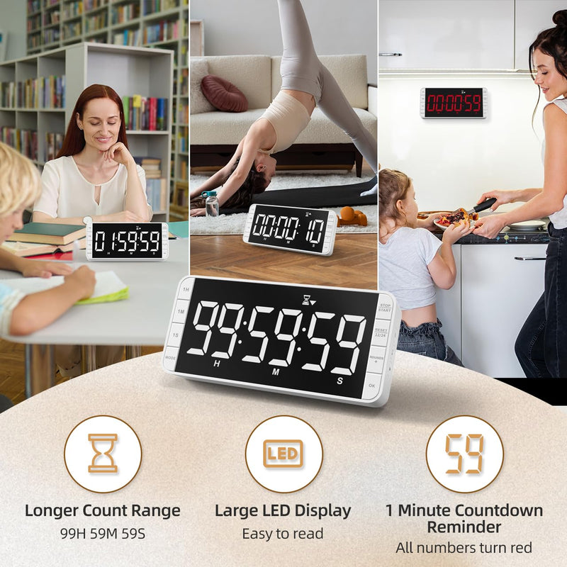 Rechargeable Kitchen Timer - 7.8" Extra Large Display, Magnetic LED, 5 Alarms, 99H Countdown/Countup for Cooking, Classroom, Home Gym White - BeesActive Australia