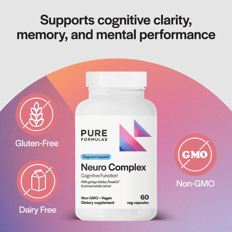 PureFormulas Neuro Complex for Brain Health, Cognitive Support & Memory Enhancement with Ginkgo Biloba, Phosphatidyl Serine, Vegan, Non-GMO - Brain Health Supplement, 60 Veg Capsules