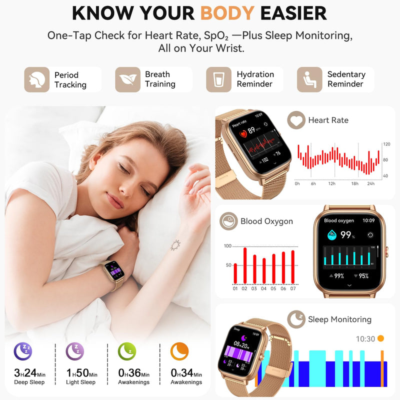 Smart Watch for Women Men- 1000mAh Battery Answer/Make Call, Fitness Step Tracker Watch with Sleep Monitor/Activity Counter/110+ Sport Mode for Andriod iPhone iOS Compatible - 3 Straps, Golden 1.83 Modern - BeesActive Australia