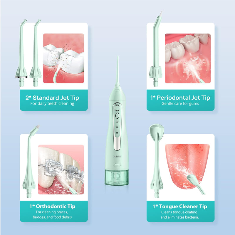 COSLUS Water Dental Flosser Teeth Pick C20(F5020E): Portable Cordless Oral Irrigator 300ML Rechargeable Travel Irrigation Cleaner IPX7 Waterproof Electric Flossing Machine for Teeth Cleaning, Green
