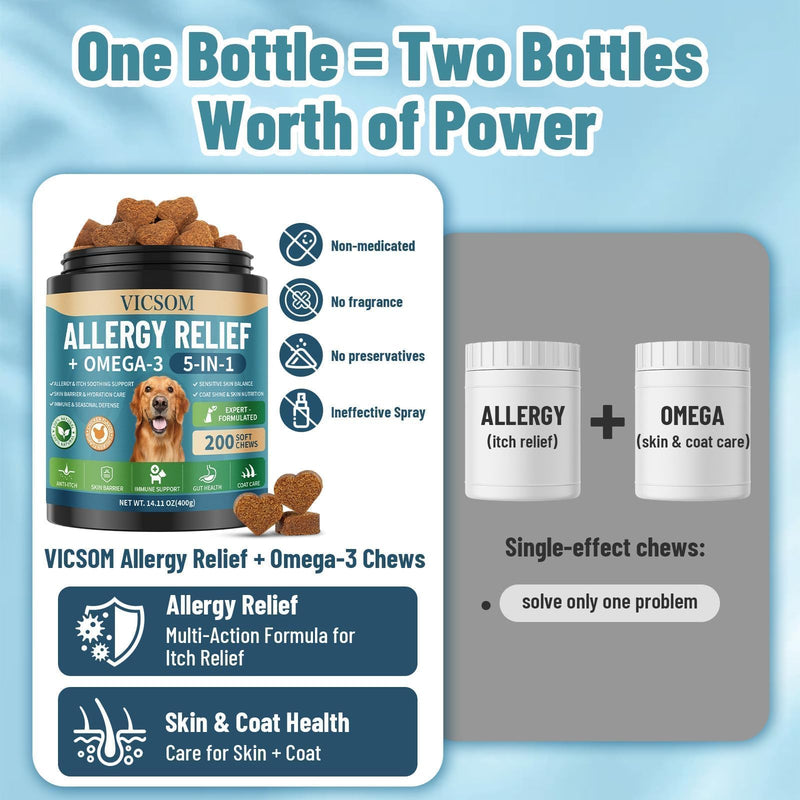 Advanced Dog Allergy Relief Bundle – Probiotic Allergy Chews (200) + Omega 3 Anti-Itch Chews (200), Dog Allergy Relief for Itchy Skin, Ears, Paws, Gut & Immune Support, Chicken Flavor