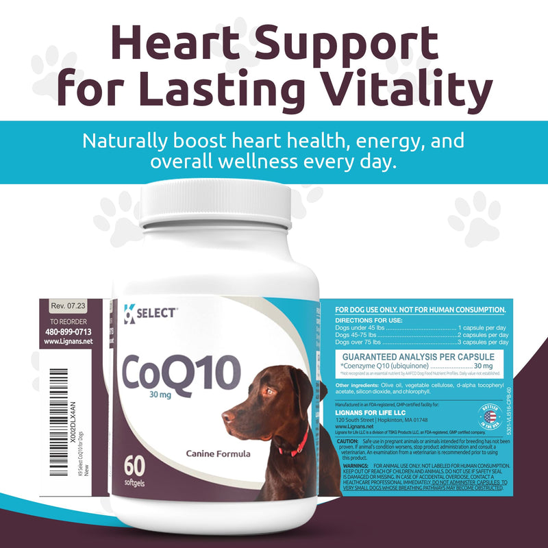 K9 Select CoQ10 Supplement for Dogs, 30mg - 60 Soft Gels per Bottle - Pet Supplement, Nutritional Softgels for Canine Heart Health, Cardiovascular & Gum Health, Energy - PawsPlanet Australia