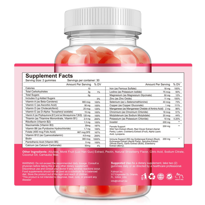 Sugar-Free Women's Multivitamin Gummies – with Inositol, Iron, Biotin for Energy, Hair, Skin & Nails – Vegan, Non-GMO, Gluten-Free, Keto Friendly – 60 Gummies (30 Day Supply)