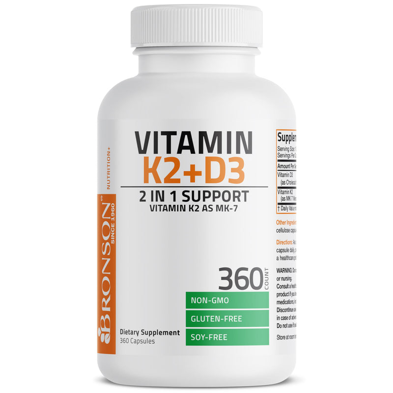 Bronson Vitamin K2 D3 (MK7) Supplement 2-in1 D3 & K2 Complex, 360 Capsules | Bone, Immune & Heart Health Support, Gluten Free, Soy Free, Non-GMO, Vitamin D3 5000IU (125 mcg) & 90 mcg K2 MK-7 360 Count (Pack of 1)
