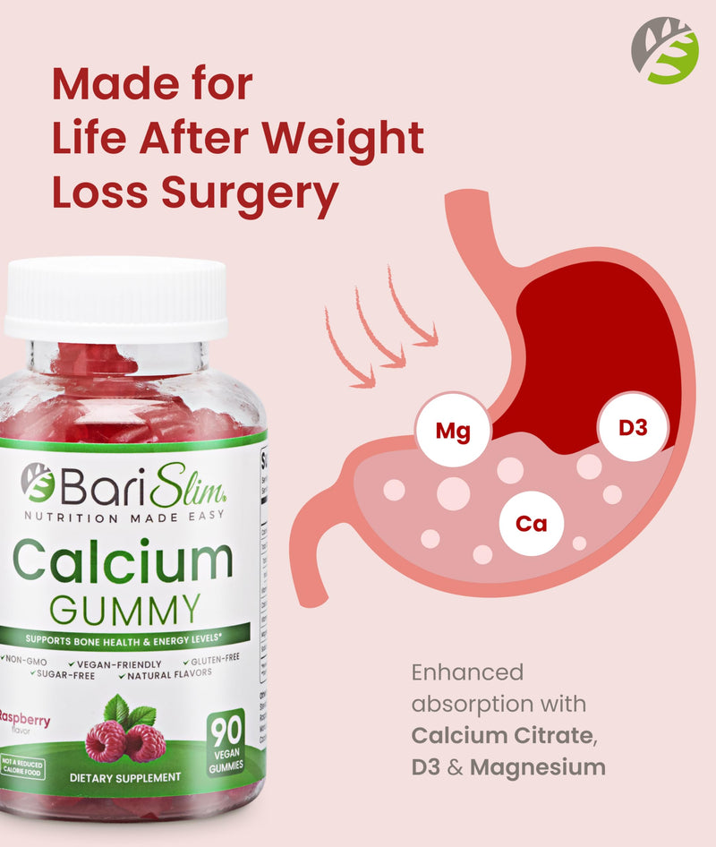 BariSlim Bariatric Calcium Gummies - Specially Formulated Bariatric Vitamins for Patients After Weight Loss Surgery - Supports Energy Levels & Bone Health | Raspberry (90 Vegan Gummies)