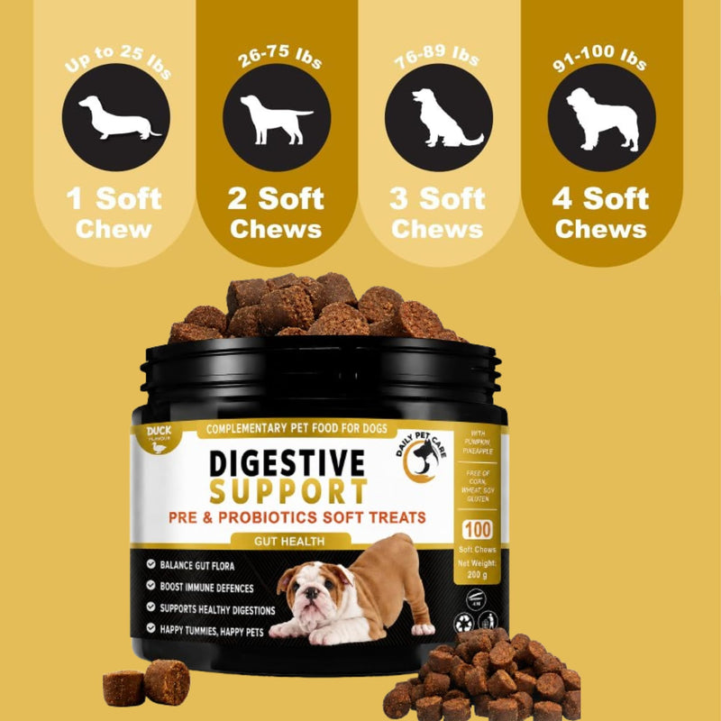 Probiotics for Dogs – Dog Probiotic Soft Chews Duck Flavour with 5 Billion CFU Pre & Probiotics – Daily Digestive & Gut Support Supplement for Dogs – Pumpkin & Linseed Oil – 100 Chews