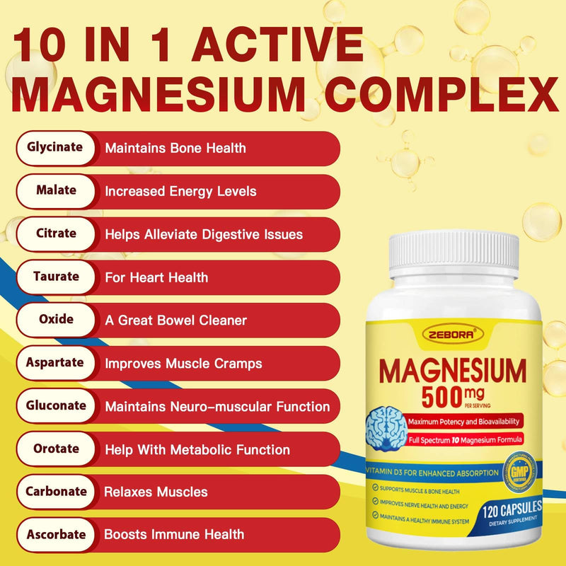ZEBORA 10-in-1 Magnesium Glycinate Complex 500mg, 120 Capsules | Chelated High Absorption with Citrate, Malate, Vitamin D3, and Zinc for Nerve, Muscle, and Bone Health Support 120 Count (Pack of 1)