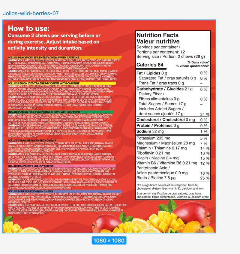 Energy Chews with Electrolytes & B Vitamins - 6 Pack - Multi Flavors | Fast-acting energy with electrolytes & B vitamins. Mixed fruit & iced tea flavors. Vegan, gluten free, no artificial flavors. Peach Lemon Mango Strawberry Raspberry Blueberry