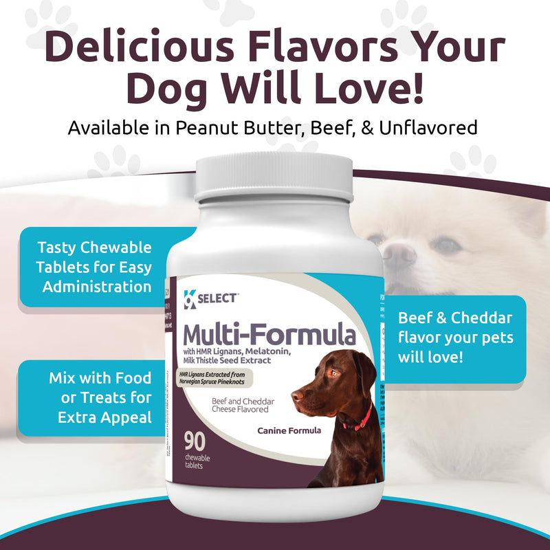 K9 Select Multi-Formula Dog Vitamins for Large Dogs - 30mg HMR Lignans, 3mg Melatonin, 60mg Milk Thistle - Helps Heart, Liver, Digestion, Skin & Coat Health, Dog Multivitamin, 90 Tablets, Beef Flavor 30mg Beef Flavored