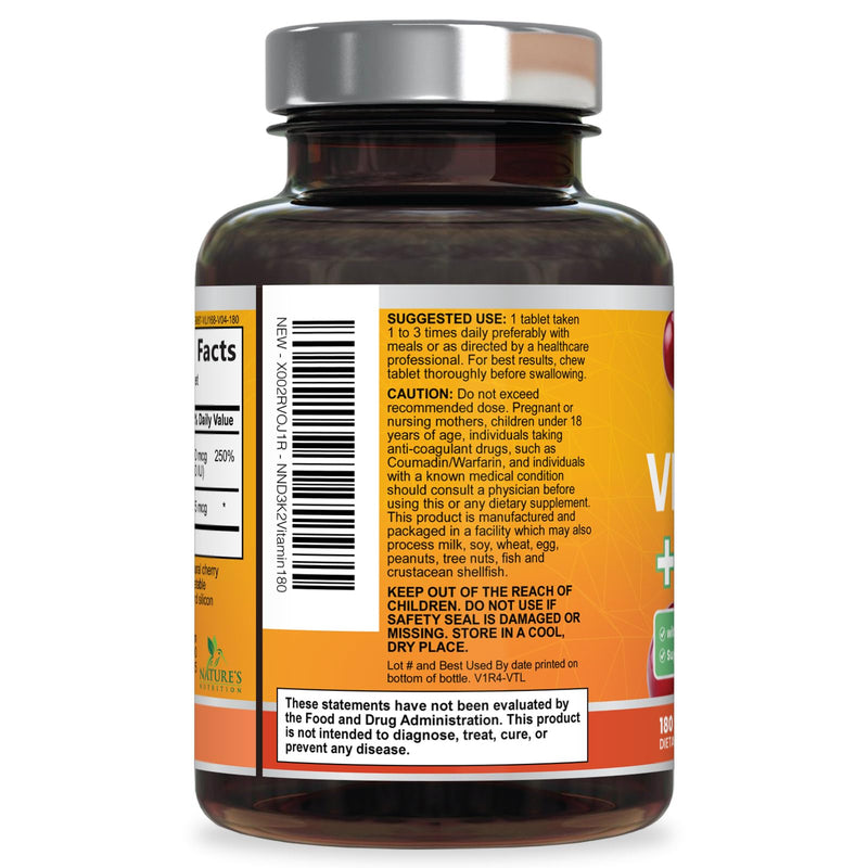 Vitamin D3 K2 Supplement - 2000 IU D3 Per Serving - Extra Strength MK-7 K with Vitamin D3 - For Immune Support, Heart, Teeth & Bone Health - Easy to Swallow D3K2 Chewable, Berry Flavor - 180 Tablets 180 Count (Pack of 1)