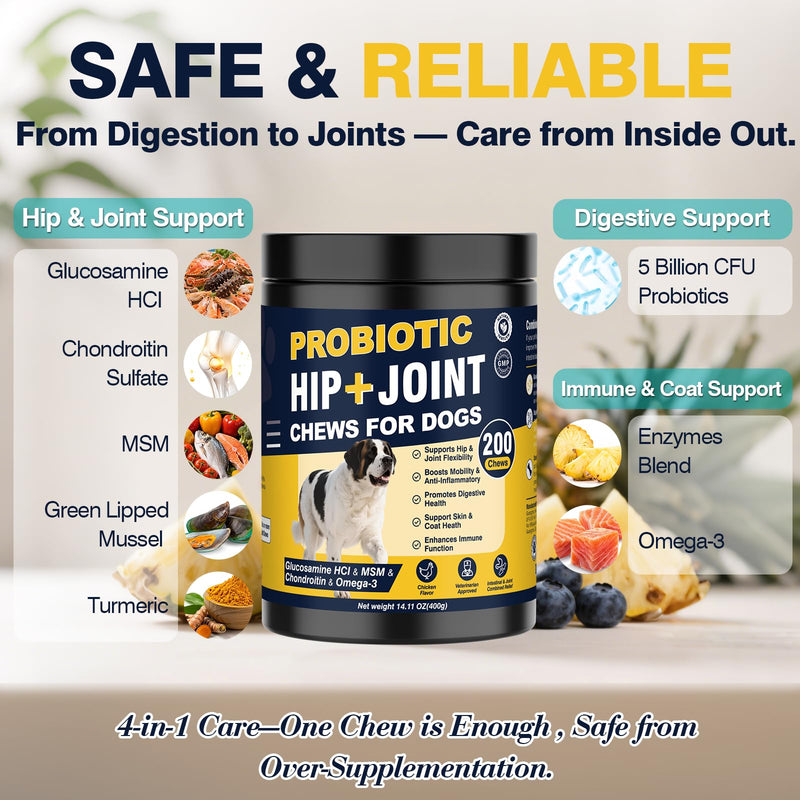Hip and Joint Supplement for Dogs Dog Probiotics Glucosamine Chondroitin MSM Chew for Dog Arthritis Pain Relief Extend Joint Care, Probiotic for Digestive/Gut Health for Large/Small/Senior Breed Dogs Chicken