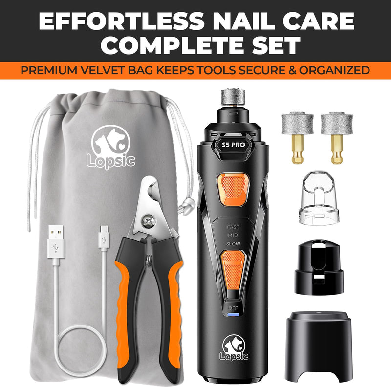 Whisper Quiet Dog Nail Grinder with 4 LED Lights, Safe & Stress-Free for Sensitive Dogs Cats of All Breeds & Sizes, 3 Grinding Bits, 3-Speed, Pet Nail Trimmers, Rechargeable Painless Grooming Kit Black