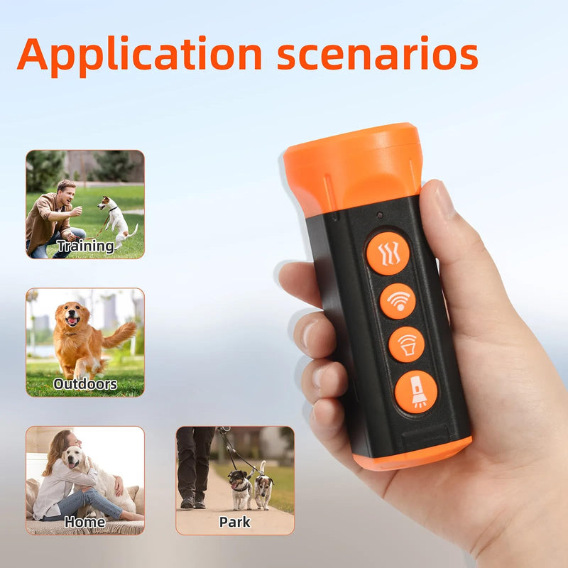 Dog Bark Deterrent Device – Ultrasonic Anti Bark Trainer with 4X Speakers, LED Flashlight & Clicker – Handheld Bark Control for Dogs – Rechargeable & Weatherproof – Orange/Black