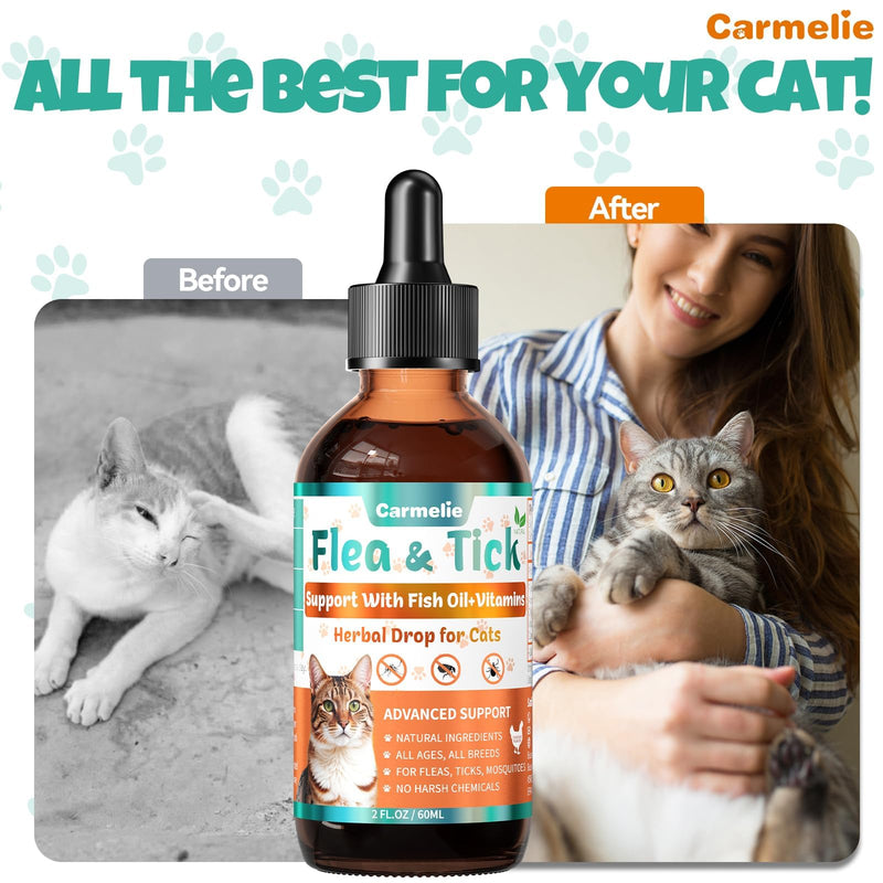 Flea and Tick Prevention for Cats, Natural Cat Flea Liquid Drops, Flea & Tick Supplement with Vitamins & Fish Oil for Cats Healthy Skin & Coat - All Breeds, Kittens to Senior Cat - Chicken Flavor