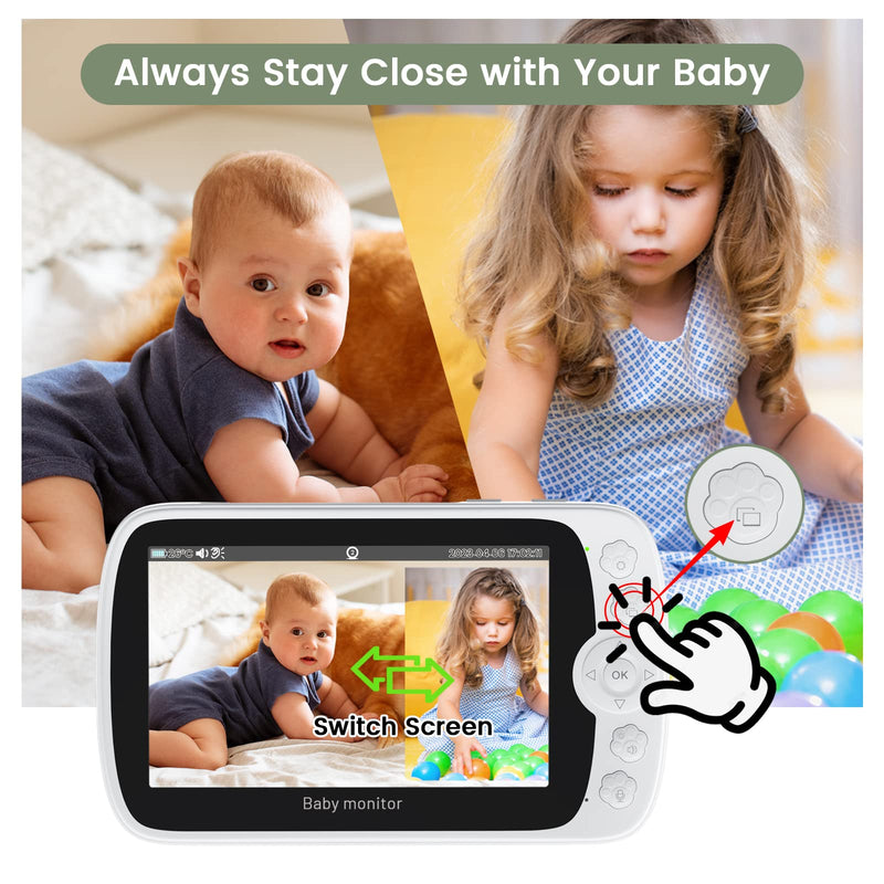 Split Screen Baby Monitor, Baby Monitor with 2 Cameras, 5" Pan-Tilt-Zoom Video Baby Monitor, HD Baby Video Cameras Monitor Audio with VOX Mode, Night Vision & 8 Lullabies and 1000ft Long Range No Wifi - BeesActive Australia