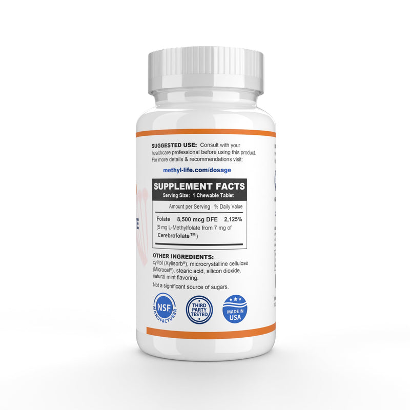 Methyl-Life® L-Methylfolate 5 mg - Chewable Active Folate Tablets with ultrapure Form of Cerebrofolate® (L-5-MTHF, Calcium) | Vegan, Non-GMO, Gluten-Free | 90 Chewable Tablet