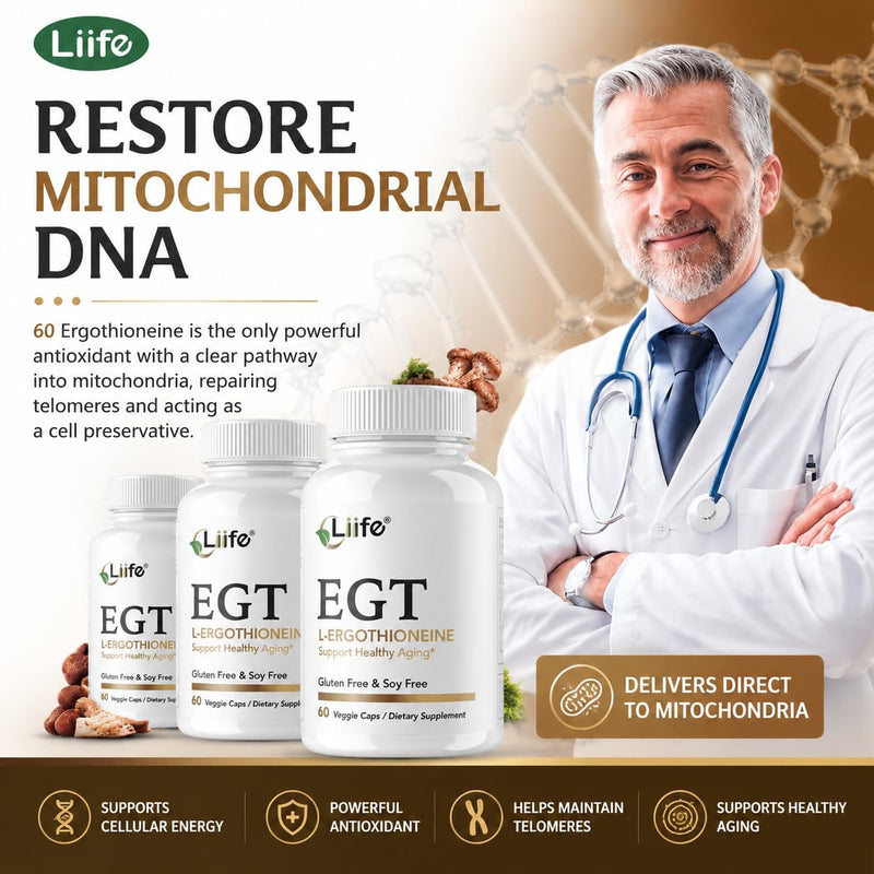 LIIFE L-Ergothioneine (EGT) 30mg Compound Antioxidant | 60 Vegan Capsules | Powerful compound antioxidant, supports healthy aging & longevity, promotes skin health. Non-GMO, Gluten Free, vegan friendly