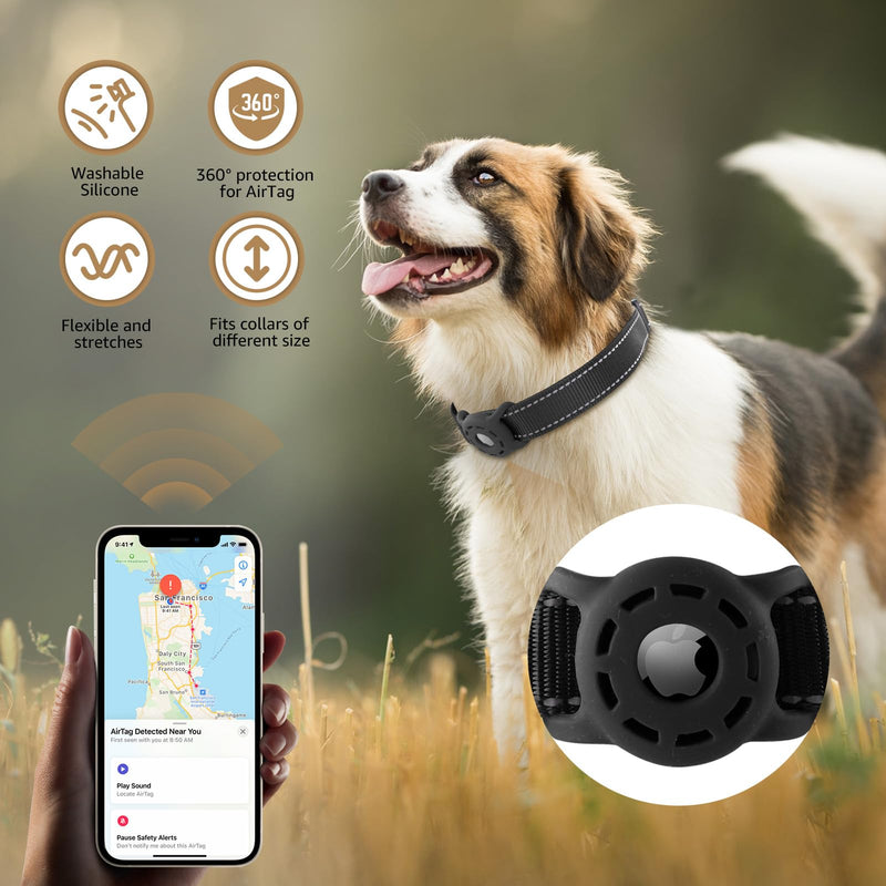 AirTag Dog Collar and Reflective Leash Set Bundle with Airtag Holder Case,Adjustable Padded Nylon Pet Collar for Small Medium Large Dogs(Black, Medium) Black - BeesActive Australia