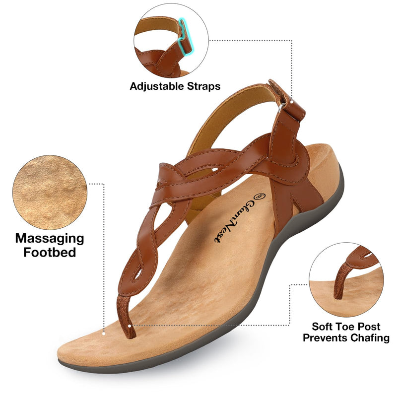 Women’s Orthopedic Arch Support Comfortable Walking Sandals, Orthotic Thong T-Strap Supportive Casual Flat Summer Sandals for Women 8.5 Brown